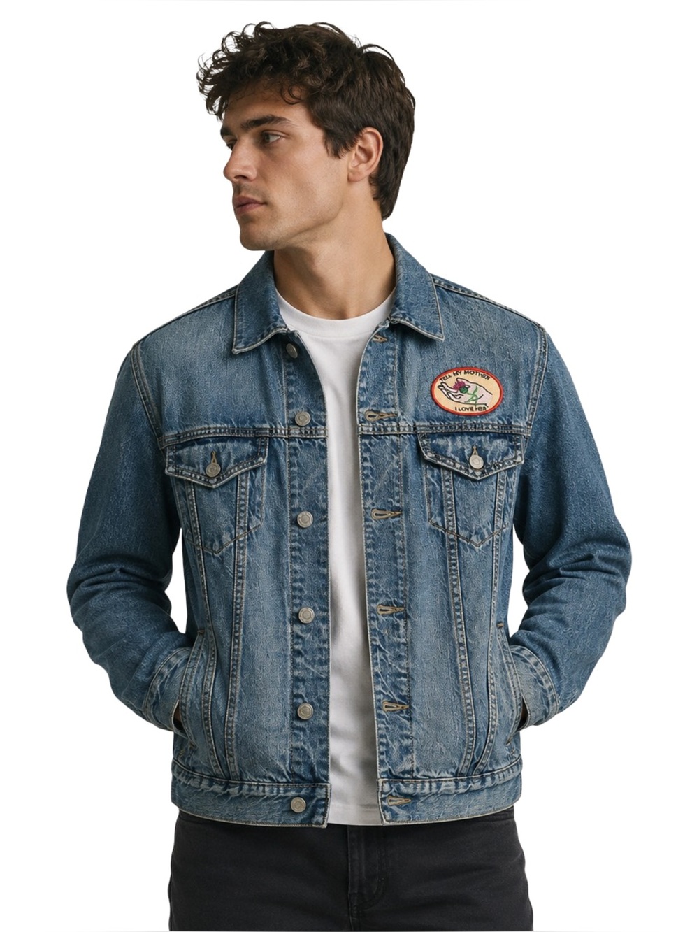 Old Navy Medium Wash Denim Trucker Jacket Small Tell My Mother I Love Her Patch